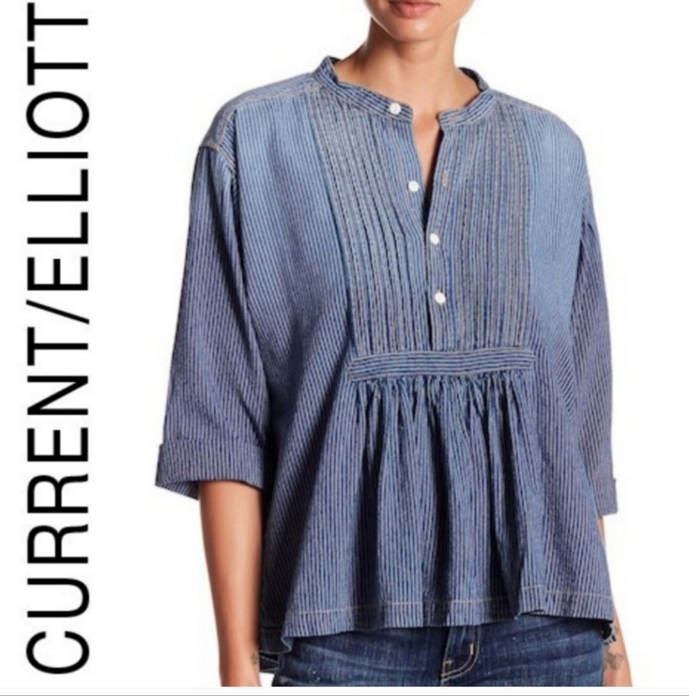 Current Elliott Denim Shirt Pintuck Railroad Stripe Women Size 2 (Medium)